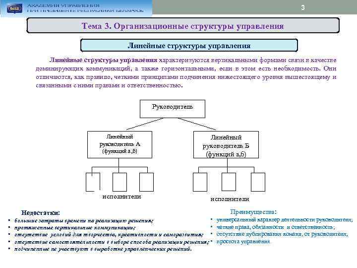 3 Тема 3. Организационные структуры управления Линейные структуры управления характеризуются вертикальными формами связи в