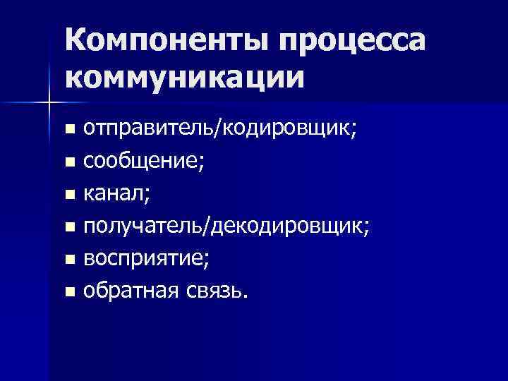 Компоненты процесса коммуникации отправитель/кодировщик; n сообщение; n канал; n получатель/декодировщик; n восприятие; n обратная