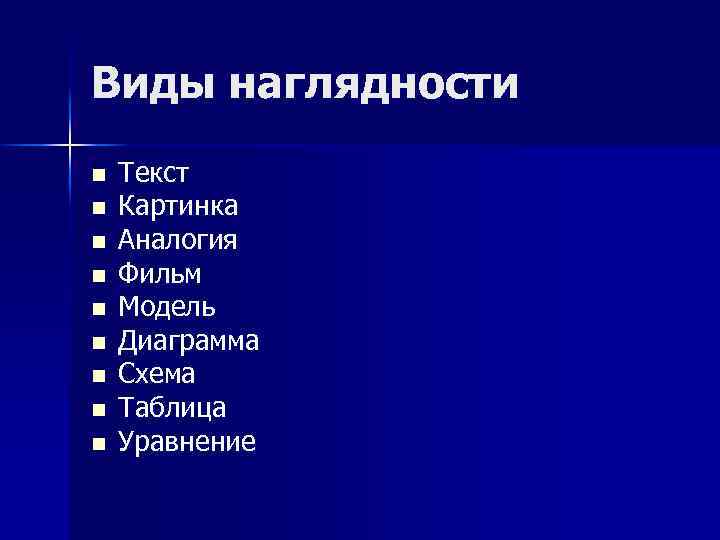 Виды наглядности n n n n n Текст Картинка Аналогия Фильм Модель Диаграмма Схема