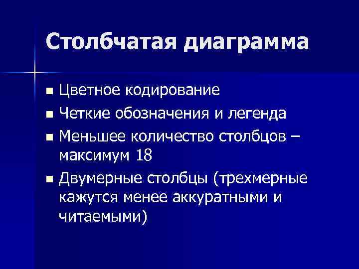 Столбчатая диаграмма Цветное кодирование n Четкие обозначения и легенда n Меньшее количество столбцов –