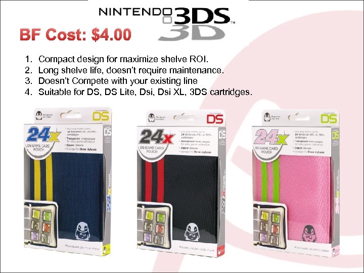 BF Cost: $4. 00 1. 2. 3. 4. Compact design for maximize shelve ROI.