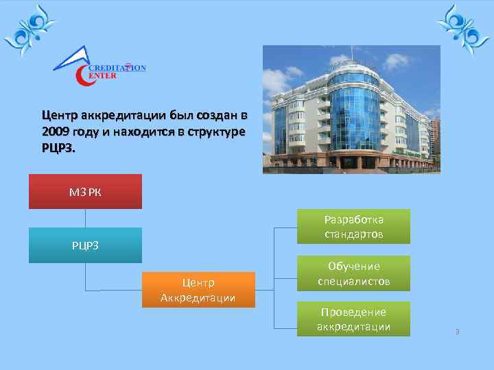 Центр аккредитации был создан в 2009 году и находится в структуре РЦРЗ. МЗ РК