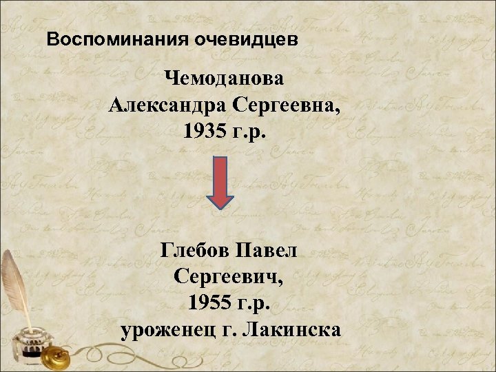 Воспоминания очевидцев Чемоданова Александра Сергеевна, 1935 г. р. Глебов Павел Сергеевич, 1955 г. р.