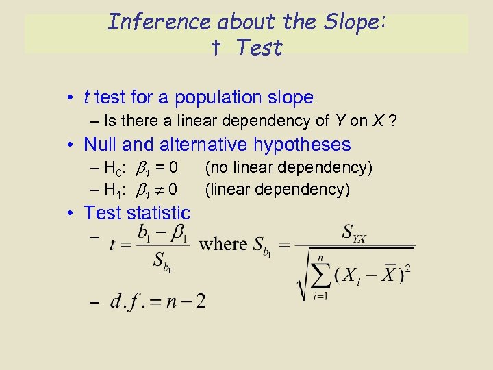 Inference about the Slope: t Test • t test for a population slope –