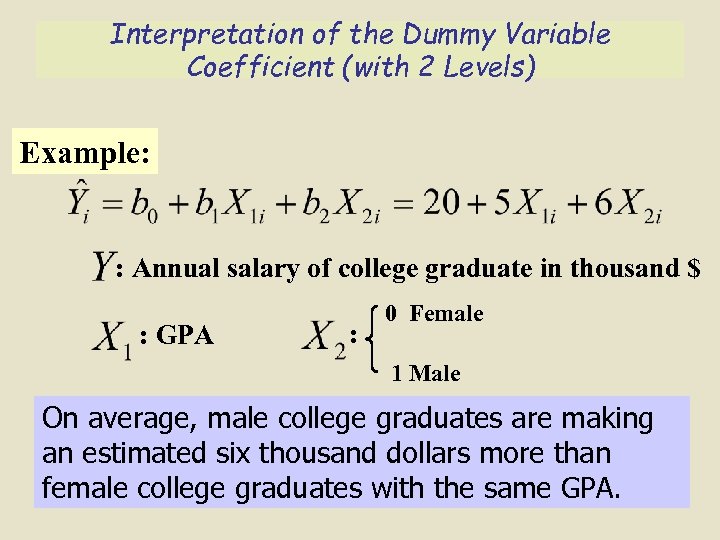 Interpretation of the Dummy Variable Coefficient (with 2 Levels) Example: : Annual salary of