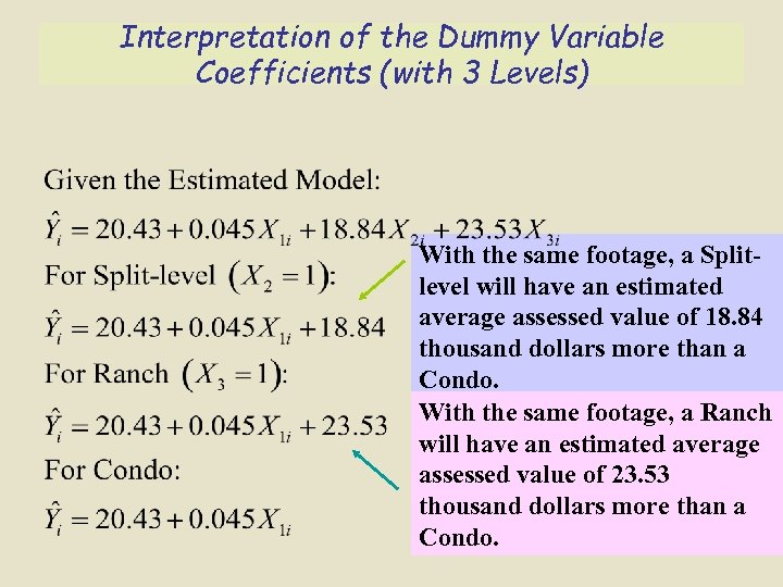Interpretation of the Dummy Variable Coefficients (with 3 Levels) With the same footage, a