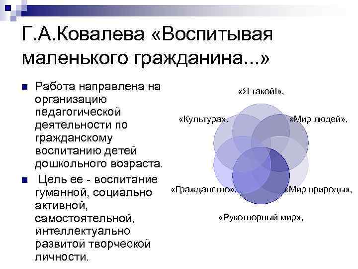 Г. А. Ковалева «Воспитывая маленького гражданина. . . » n n Работа направлена на