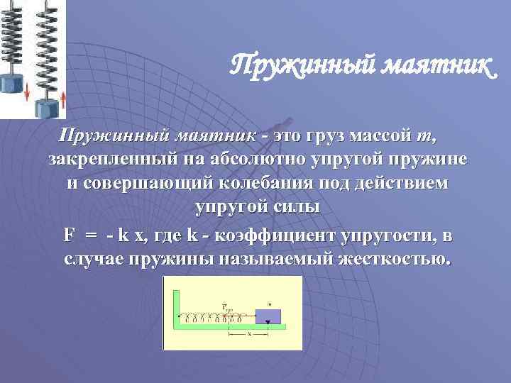 Пружинный маятник - это груз массой m, закрепленный на абсолютно упругой пружине и совершающий