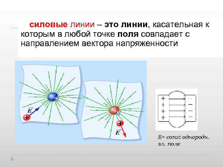 силовые линии – это линии, касательная к которым в любой точке поля совпадает с
