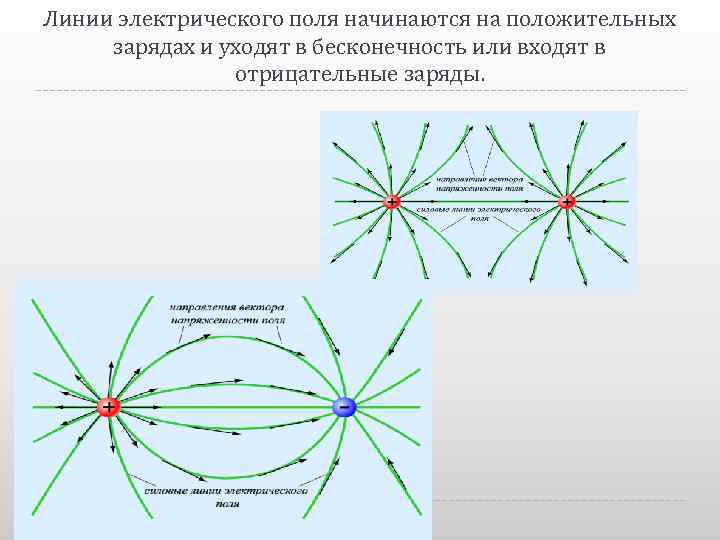 Линии электрического поля начинаются на положительных зарядах и уходят в бесконечность или входят в