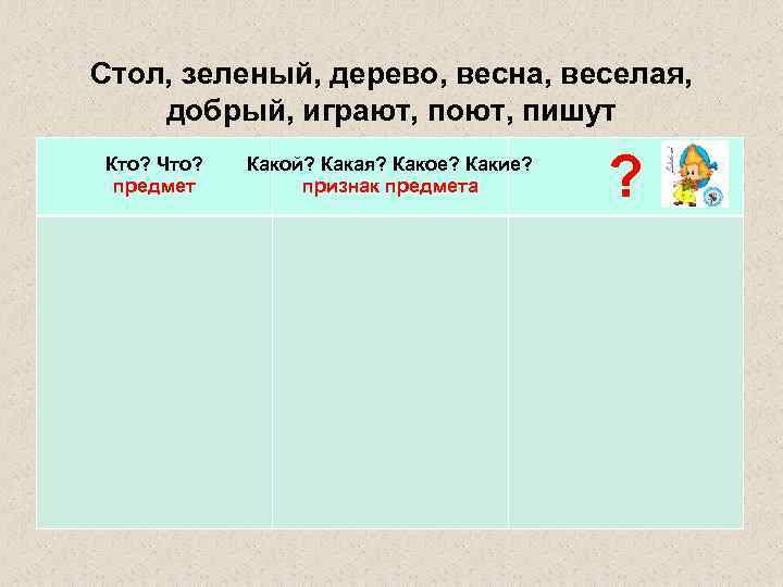 Стол, зеленый, дерево, весна, веселая, добрый, играют, поют, пишут Кто? Что? предмет Какой? Какая?