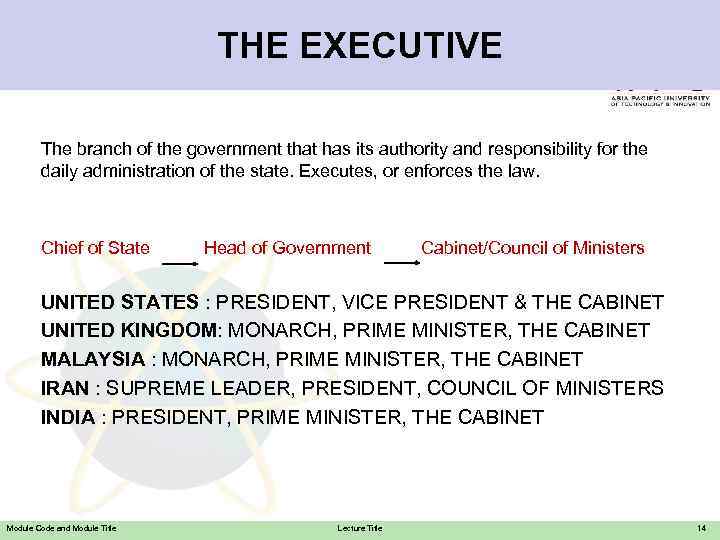 THE EXECUTIVE The branch of the government that has its authority and responsibility for