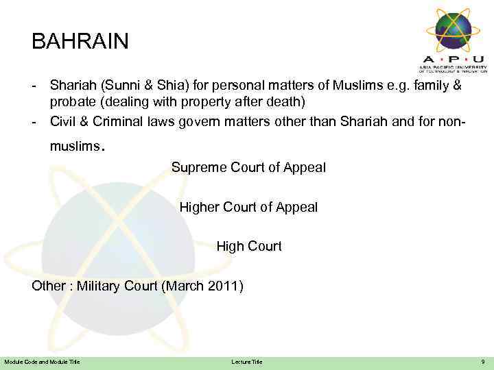 BAHRAIN - Shariah (Sunni & Shia) for personal matters of Muslims e. g. family