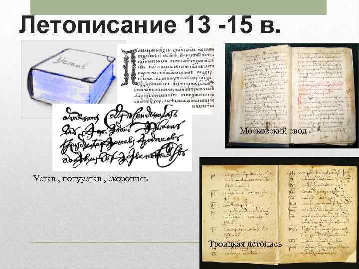 Летописание 13 -15 в. Московский свод Устав , полуустав , скоропись Троицкая летопись 