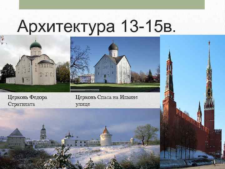 Архитектура 13 -15 в. Церковь Федора Стратилата Церковь Спаса на Ильине улице 