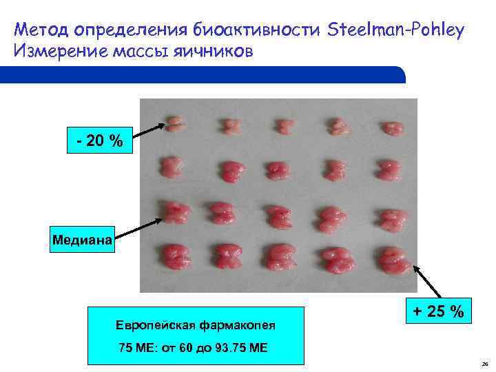 Метод определения биоактивности Steelman-Pohley Измерение массы яичников - 20 % Медиана Европейская фармакопея +