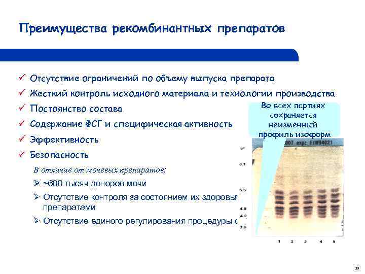 Преимущества рекомбинантных препаратов ü Отсутствие ограничений по объему выпуска препарата ü Жесткий контроль исходного