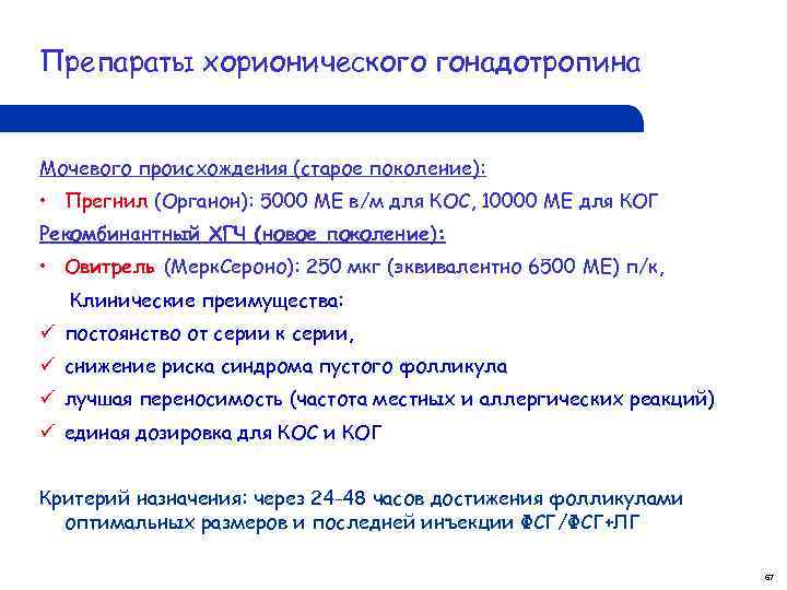 Препараты хорионического гонадотропина Мочевого происхождения (старое поколение): • Прегнил (Органон): 5000 МЕ в/м для