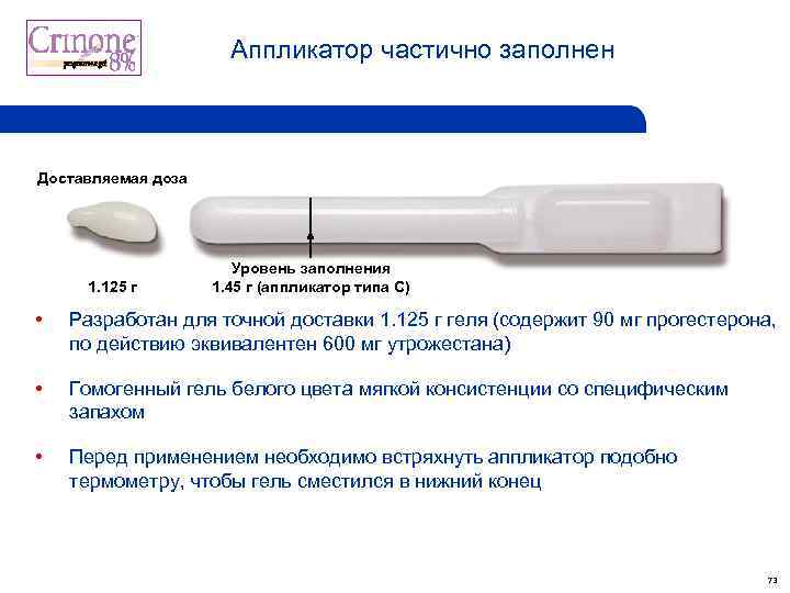 Аппликатор частично заполнен Доставляемая доза 1. 125 г Уровень заполнения 1. 45 г (аппликатор