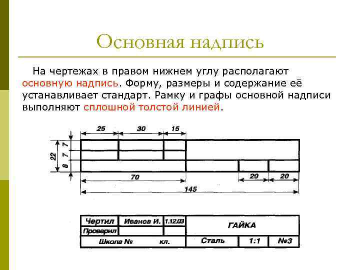 Основная надпись На чертежах в правом нижнем углу располагают основную надпись. Форму, размеры и