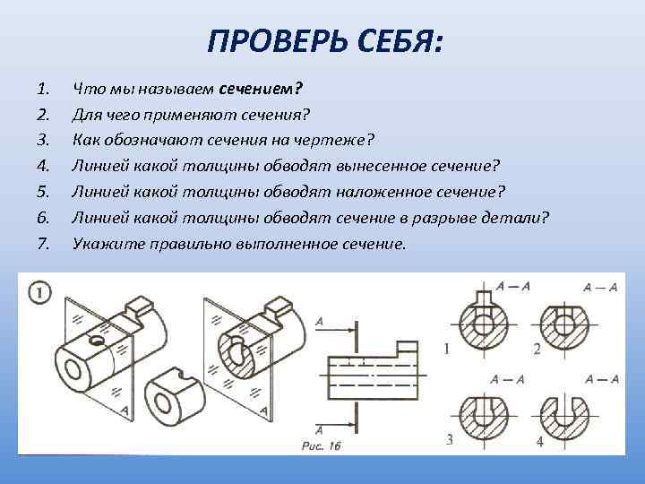 ПРОВЕРЬ СЕБЯ: 1. 2. 3. 4. 5. 6. 7. Что мы называем сечением? Для