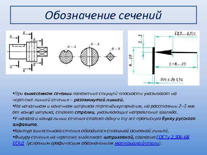 Обозначение сечений • При вынесенном сечении положение секущей плоскости указывают на чертеже линией сечения