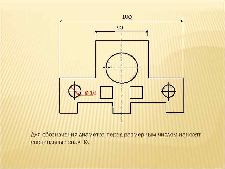 100 50 Ø 16 Для обозначения диаметра перед размерным числом наносят специальный знак Ø.