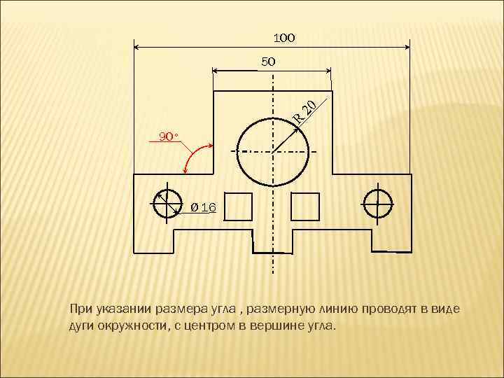 100 50 0 2 R 90° Ø 16 При указании размера угла , размерную