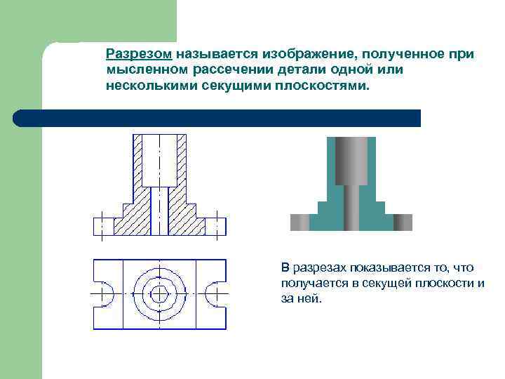 Разрезом называется изображение, полученное при мысленном рассечении детали одной или несколькими секущими плоскостями. В