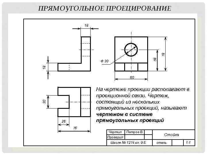 ПРЯМОУГОЛЬНОЕ ПРОЕЦИРОВАНИЕ 58 78 18 18 Ф 30 60 30 На чертеже проекции располагают