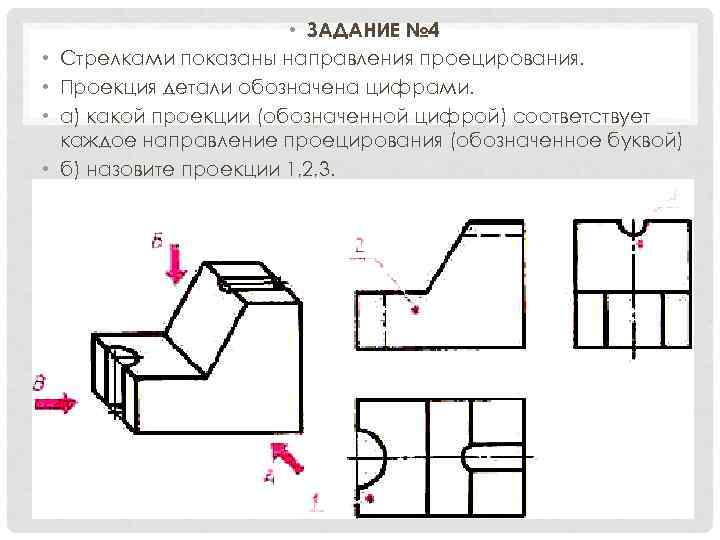  • • • ЗАДАНИЕ № 4 Стрелками показаны направления проецирования. Проекция детали обозначена