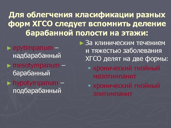 Для облегчения класификации разных форм ХГСО следует вспомнить деление барабанной полости на этажи: ►
