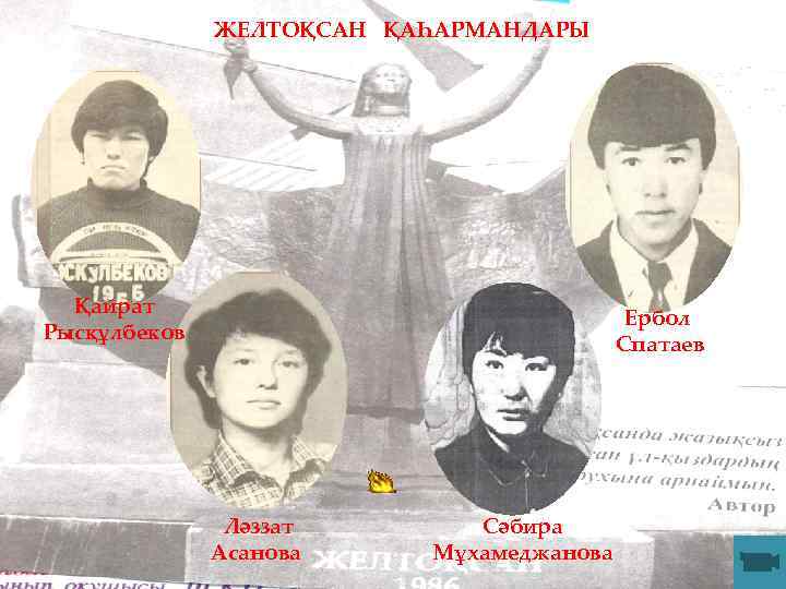 ЖЕЛТОҚСАН ҚАҺАРМАНДАРЫ Қайрат Рысқұлбеков Ербол Спатаев Ләззат Асанова Сәбира Мұхамеджанова 