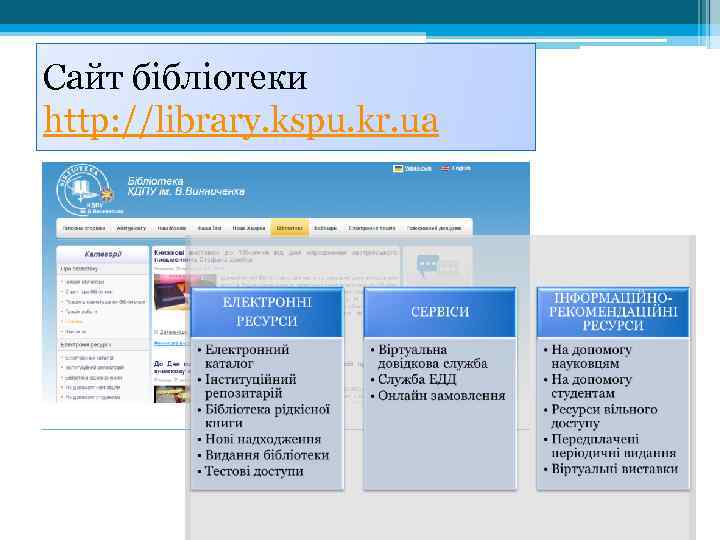 Сайт бібліотеки http: //library. kspu. kr. ua 