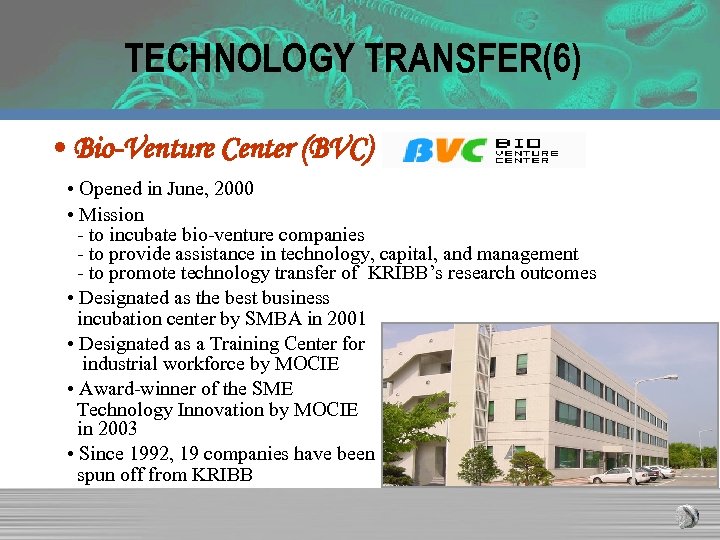 TECHNOLOGY TRANSFER(6) • Bio-Venture Center (BVC) • Opened in June, 2000 • Mission -