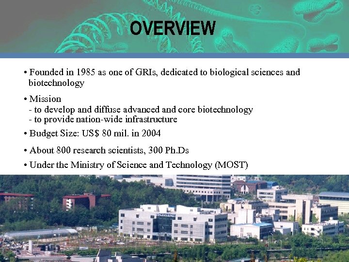 OVERVIEW • Founded in 1985 as one of GRIs, dedicated to biological sciences and