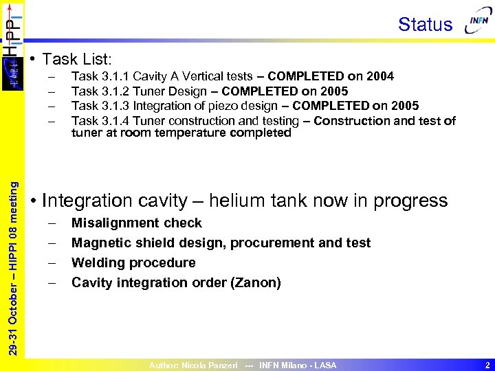 Status • Task List: 29 -31 October – HIPPI 08 meeting – – Task