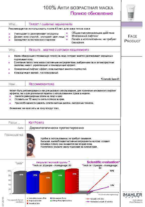 100% АНТИ ВОЗРАСТНАЯ МАСКА Полное обновление Who… TARGET / customer requirements Рекомендуется использовать после