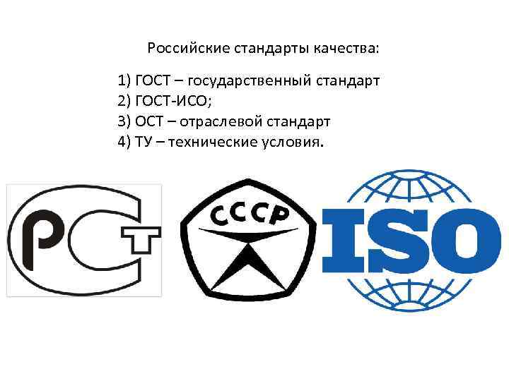 Российские стандарты качества: 1) ГОСТ – государственный стандарт 2) ГОСТ-ИСО; 3) ОСТ – отраслевой