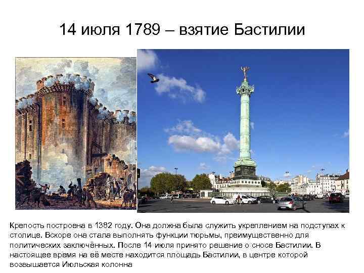 14 июля 1789 – взятие Бастилии Крепость построена в 1382 году. Она должна была