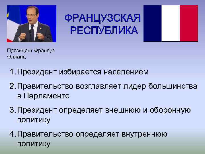 Президент Франсуа Олланд 1. Президент избирается населением 2. Правительство возглавляет лидер большинства в Парламенте