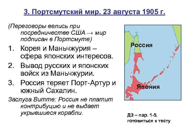 3. Портсмутский мир. 23 августа 1905 г. (Переговоры велись при посредничестве США → мир