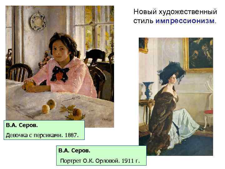 Новый художественный стиль импрессионизм. В. А. Серов. Девочка с персиками. 1887. В. А. Серов.