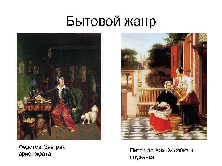 Бытовой жанр Федотов. Завтрак аристократа Питер де Хох. Хозяйка и служанка 