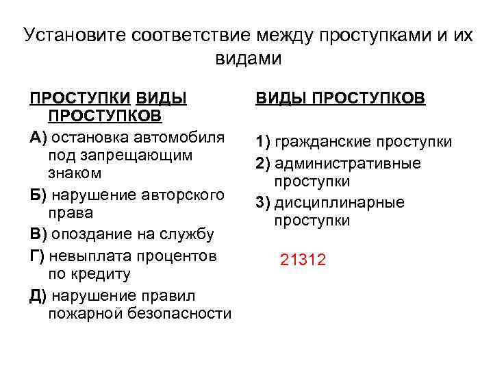Установите соответствие между проступками и их видами ПРОСТУПКИ ВИДЫ ПРОСТУПКОВ А) остановка автомобиля под