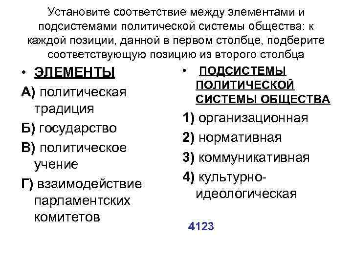 Установите соответствие между элементами и подсистемами политической системы общества: к каждой позиции, данной в