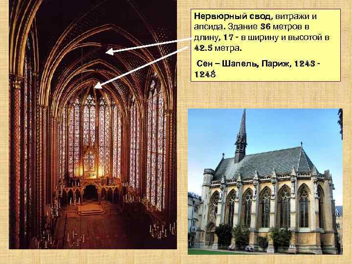 Нервюрный свод, витражи и апсида. Здание 36 метров в длину, 17 - в ширину