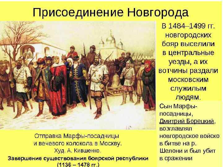 Завершение существования боярской республики (1136 – 1478 гг. ) Сын Марфыпосадницы, Дмитрий Борецкий, возглавлял