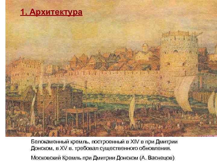 1. Архитектура Белокаменный кремль, построенный в XIV в при Дмитрии Донском, в XV в.