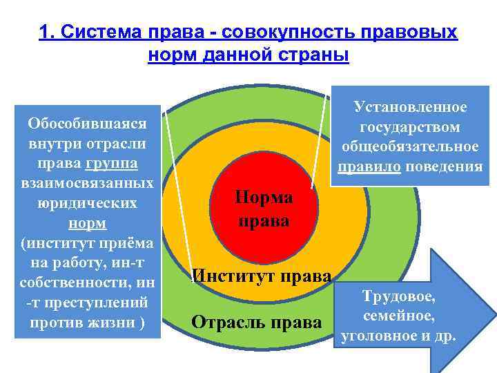 1. Система права - совокупность правовых норм данной страны Обособившаяся внутри отрасли права группа